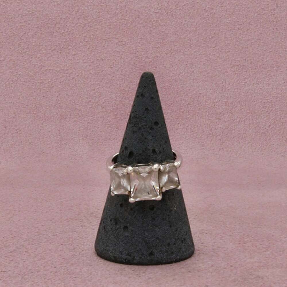 Sterling Silver Past Present Future C Z Three Stone Rectangular-Cut Ring 6.5